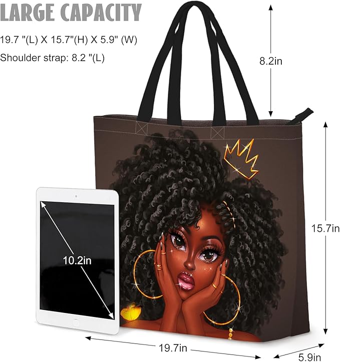 African American Women Tote Bag Black Shoulder Handbag For Women Fit Work Beach Labtops With Zip