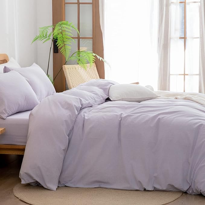 BESTOUCH Duvet Cover Set 100% Washed Cotton Linen Feel Super Soft Comfortable Chic Lightweight 3 PCs Home Bedding Set Solid Taro Purple Full/Double