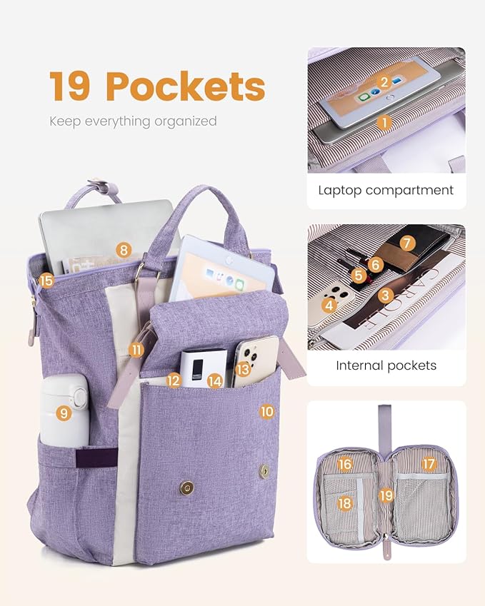 LOVEVOOK Extra Large Backpack for Women, 18 Inch Travel Laptop Backpack with USB Charging Port, Teacher Doctor Nurse Work Bags, College Computer Backpack Purse, Wide Open Carry On Travel Bag, Purple