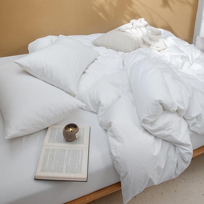 FOSSA Duvet Cover Set 100% Washed Cotton Linen Feel Super Soft Breathable Cozy 3 Pieces Bedding Sets Solid Bright White Full/Double