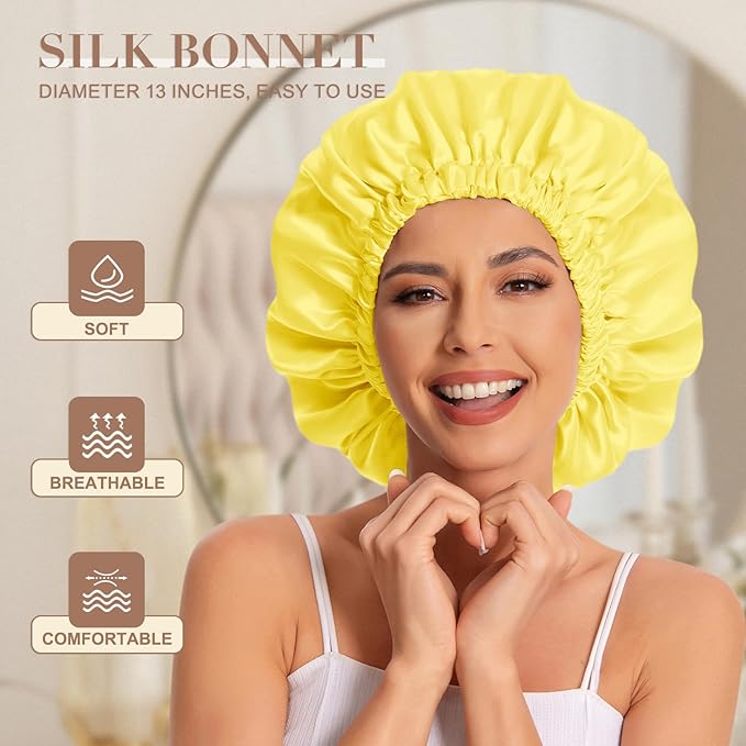 Satin Bonnet Silk Bonnet Hair Bonnet for Sleeping-Slouchy Beanie Hat Satin Sleep Cap for Women's Natural & Curly Hair(Yellow)