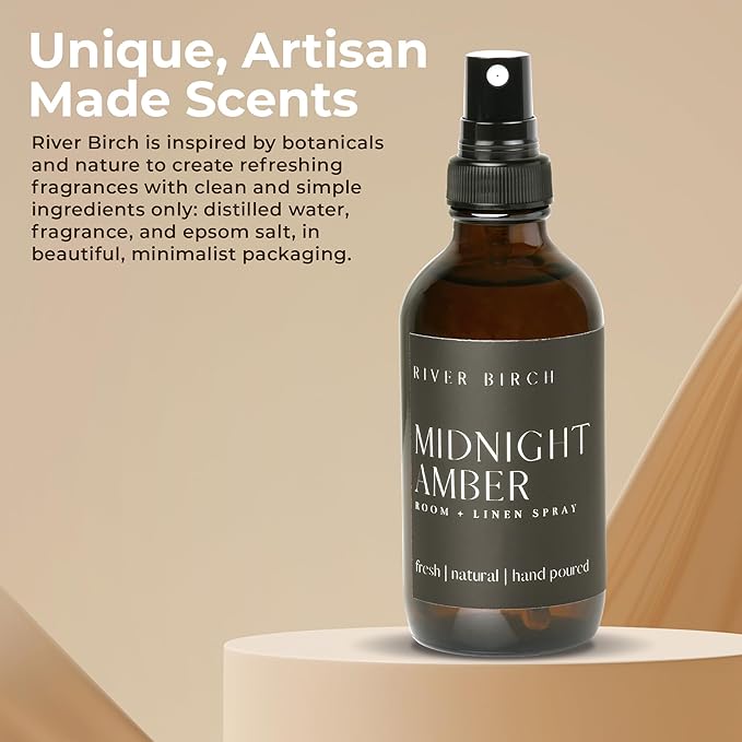 River Birch Luxury Linen and Room Spray - Midnight Amber Home Signature Scent - Room Fragrance Spray - Fragrant Fresh Linen Air Freshener For Bedding - Handmade in Texas - 4 oz Glass Amber Bottle