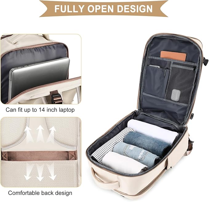 coowoz Large Travel Backpack For Women Men,Carry On Backpack Flight Approved,Hiking Outdoor Rucksack Casual Daypack Travel Bag Essentials Personal Item Backpack (Beige Brown-L)