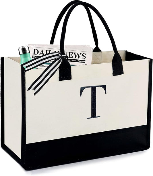 BeeGreen Embroidery Monogram Initial Tote Bag for Women Teacher Mom Friend Personalized Gift for Birthday Beach Work Wedding