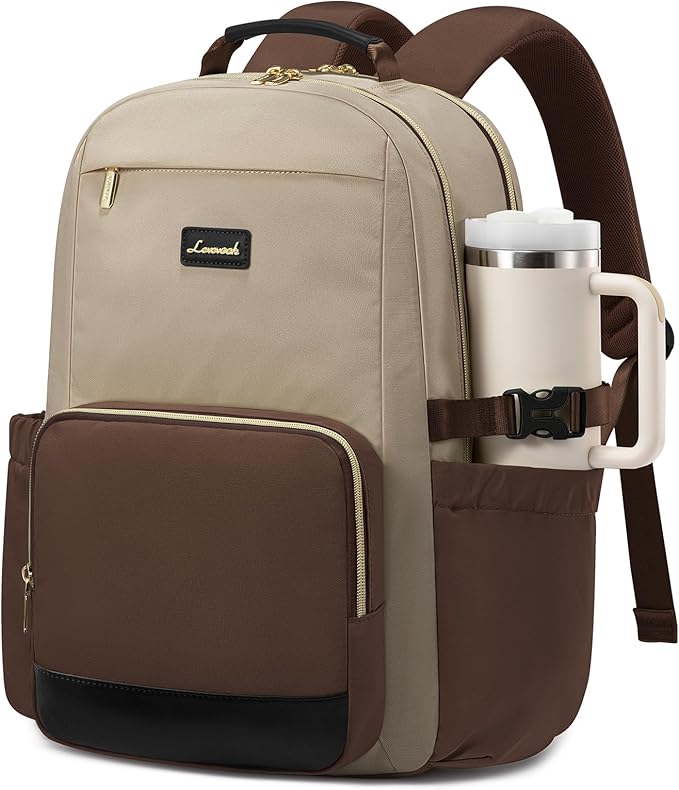 LOVEVOOK Laptop Backpack for Women with Pouch Pocket for Large Capacity Cup,15.6 Inch Teacher Nurse College Work Backpack Purse,Waterproof Laptop Bag Computer Back Pack for Travel, Khaki-Coffee-Black