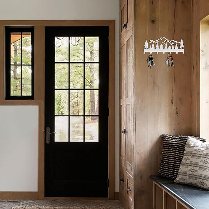 Key Holder Wall Mounted Key Hooks, White Metal Key Rack Hooks, Little Grove, Mountain Theme Wall Decoration Hooks, with 7 Hooks, Applicable to Front Doors, Lobby,Corridor, Offices (12 ")