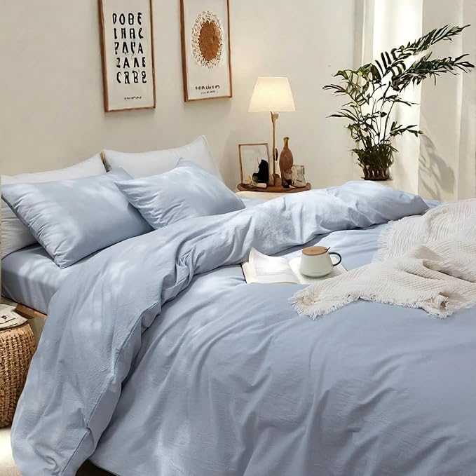 FOSSA Duvet Cover Set 100% Washed Cotton Linen Feel Super Soft Breathable Cozy 3 Pieces Bedding Sets Solid Sky Blue King