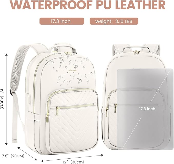 LOVEVOOK Leather Backpacks for Women,17.3 inch Leather Laptop Backpack Women Computer Backpack Laptop Bag,Stylish Quilted Travel Backpack Purse Work College Teacher Backpacks with USB Port,Off-white