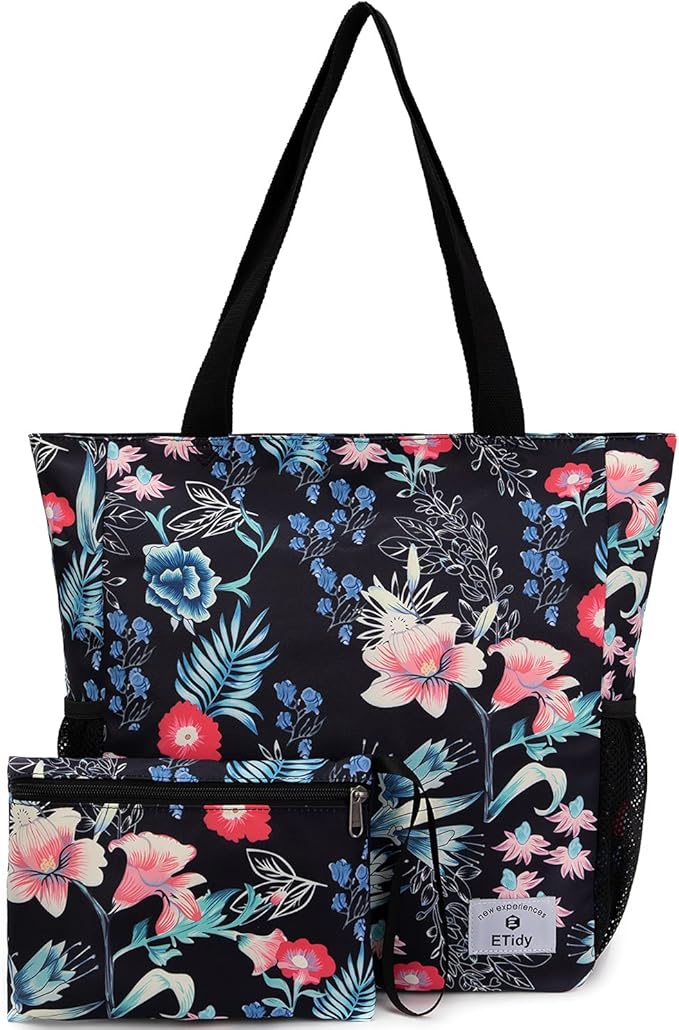 ETidy Large Capacity Foldable Tote Bag With Zipper Water-resistant SandproofWomen Beach Bag Handbag GymBag Travel ShoppingBag