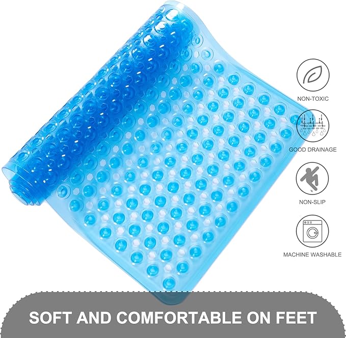 Bath Mat for Tub & Shower, Non Slip Soft Bathmat with Suction Cups & Drain Holes, Machine Washable Bathtub Floor Liner Mats for Bathroom, 35x16 Inch, Clear Blue