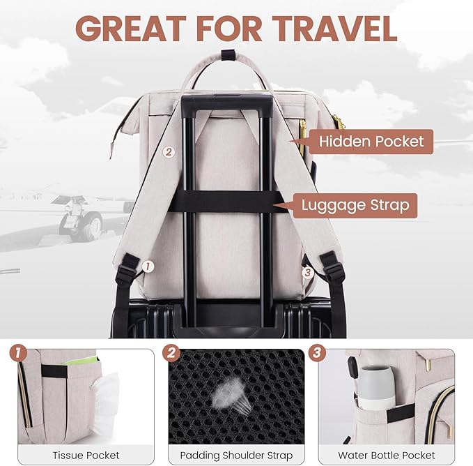 LOVEVOOK Laptop Backpack for Women,17 Inch Professional Womens Travel Backpack Purse Computer Laptop Bag Nurse Teacher Backpack,Waterproof College Work Bags Carry on Back Pack with USB Port,Off-white