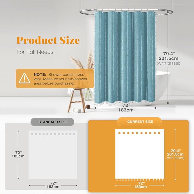 BTTN 78 Inch Long Shower Curtain - Boho Farmhouse Linen Striped Fabric Shower Curtain Set with Tassel, Tall Country Water Repellent Cloth Shower Curtains Set for Bathroom with Hooks, 72x78, Teal