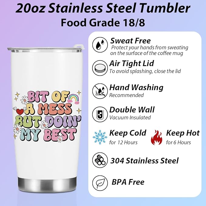 Positive Quotes Tumbler, Inspirational Gifts for Women Sister Birthday Christmas, Retro Flower Mental Health Gifts Coffee Mug Stainless Steel Vacuum Insulated Double Wall Travel Cup with Lid，20oz