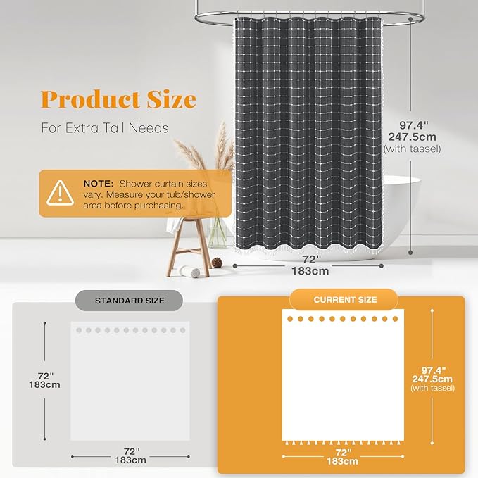 BTTN Extra Long Shower Curtain - 72x96 Inch Long Boho Chic Linen Fabric Heavy Duty Shower Curtain Set with Hooks, Tall Bohemian Farmhouse Shabby Chic Shower Curtains for Bathroom - Charcoal Grey/Gray