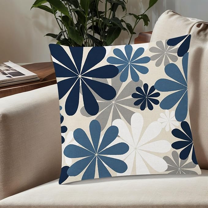 Blue White Pillow Covers 18x18 Set of 6, Daisy Flower Throw Pillow Cover Case Square Cushion Cover for Sofa Bedroom Living Room Farmhouse Home Decor