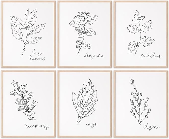 DREAM BIG PRINTABLES Kitchen Herbs B&W Art Prints | Set of 6 | 11x14 (Unframed)