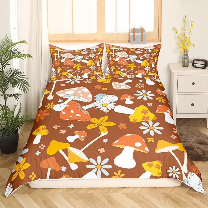 Castle Fairy 60s 70s Retro Hippie Full Size Duvet Cover Set,Groovy Flowers Mushroom Print Duvet Cover for Girls Teens Decorative Bedroom,Boho Art Polyester Quilt Cover with 2 Pillowcases
