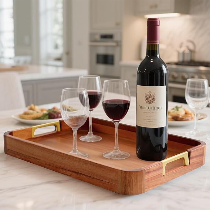 Acacia Wood Serving Tray with Metal Handles, 17x12in Food Drinks Tray for Coffee Table, Breakfast, Dinner & Bar, Rustic Decorative Storage Tray for Ottoman, Kitchen, Parties