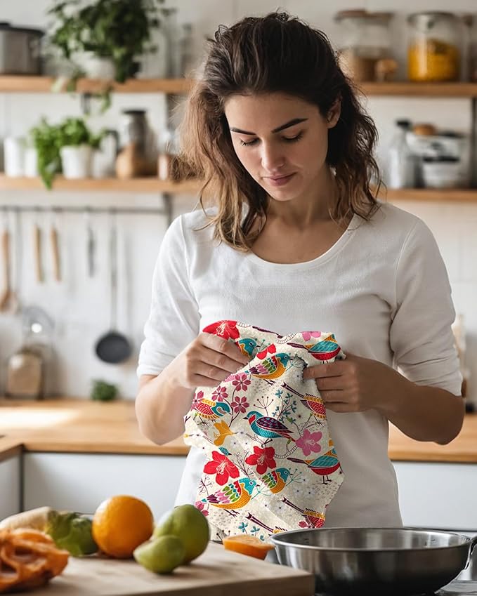 Microfiber Kitchen Towels - Set of 2 Dish Towels for Kitchen 18 x 26 Inch Home Decoration Floral Bird Cute Spring Hand Towels Soft & Absorbent Aesthetic Design