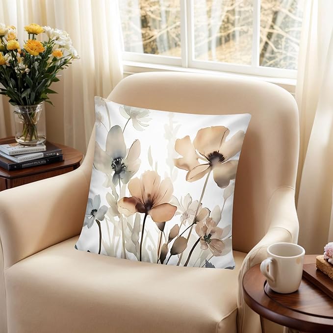 Brown Grey Floral Pillow Cover 16x16 Set of 6 Watercolor Throw Pillow Covers Square Cushion Covers for Couch Sofa Living Room Home Decor