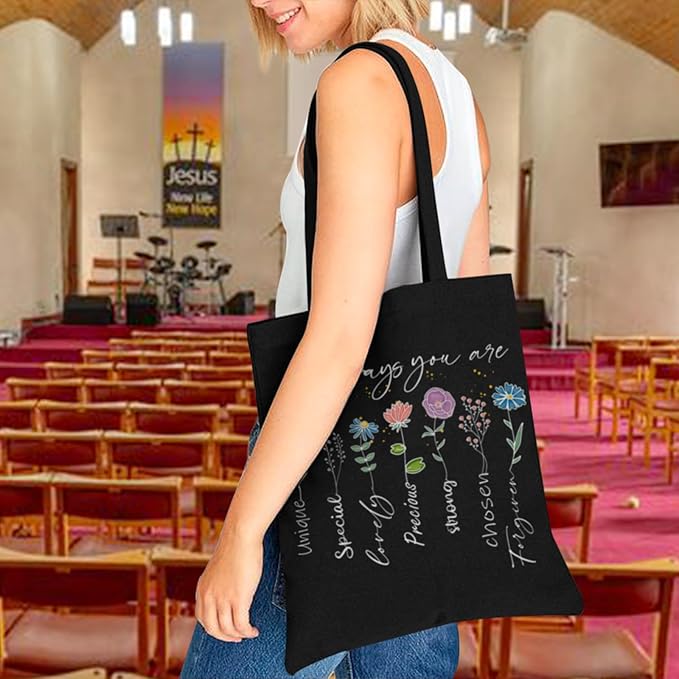 2 Pack Christian Bible Canvas Tote Bag for Women with Makeup Bag Gods Says You Are Bags Floral Tote Bag Aesthetic