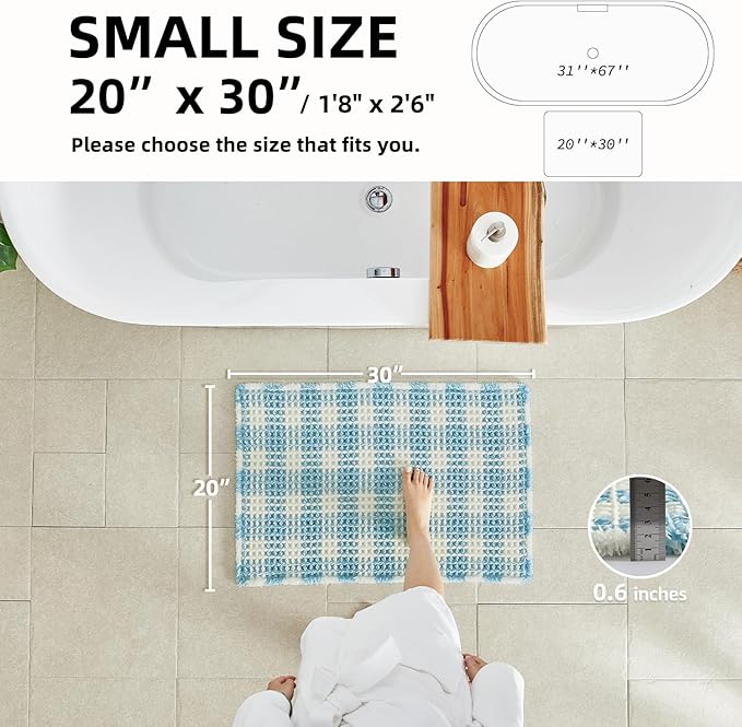 Waffle Bath Mat, Boho Bathroom Rugs Non Slip Washable Absorbent Checkered Bathroom Mat Quick Dry Cute Bath Mat, 30"x20" Blue and White