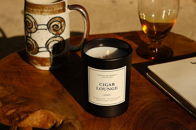 | Masculine Aromas | Small Batch | Soy Wax | 40 Hours | Scented Black Candles with Natural Essential Oils | Vegan (Cigar Lounge)