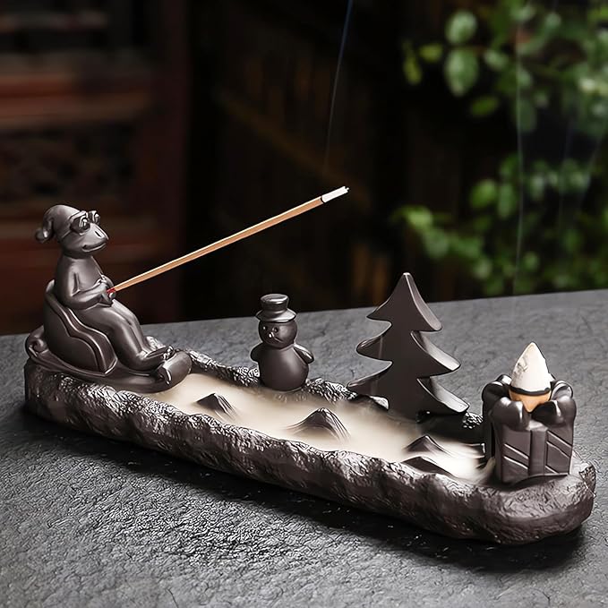 ChangWanna Christmas Frog Incense Burner - Xmas Incense Holder Ash Catcher, Ceramic Cone Backflow Incense Stand Smoke Fountain with 45 Sticks & 12 Cones, Frog Ornament for Aromatherapy/Yoga/Home Decor