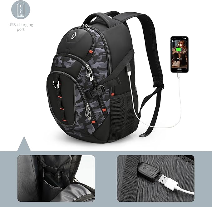 Swissdigital Design Laptop Backpack with USB Charging Port, Travel Backpack Fits 15.6 inches Computer, 31L College School Backpack for Men, Gray Camo | SD803