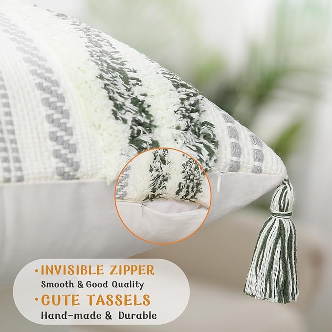 decorUhome Decorative Boho Throw Pillow Cover 20x20, Accent Neutral Textured Tufted Pillow Cover Striped for Couch Bed Sofa, Green and Cream White, Pack of 1