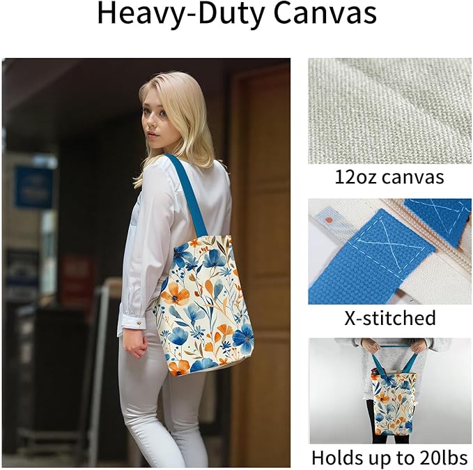 Tote Bag for Women, Reusable Zippered Canvas Bag with Handles Pocket Thick Canvas, for Grocery Shopping Beach Gift