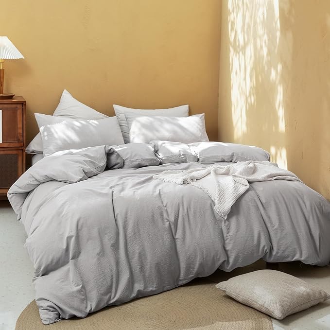 FOSSA Duvet Cover Set 100% Washed Cotton Linen Feel Super Soft Breathable Cozy 3 Pieces Bedding Sets Solid Grayish King