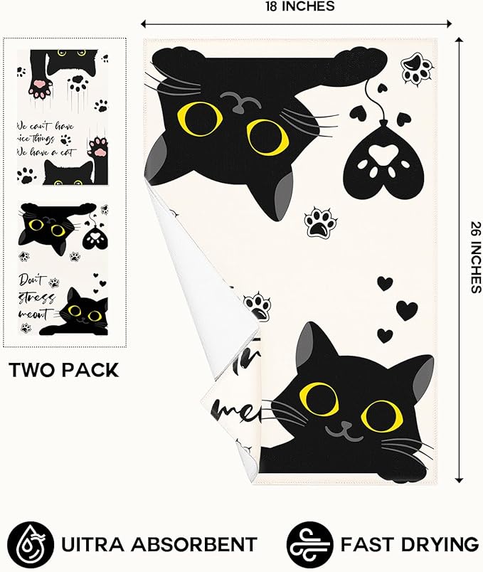 Microfiber Kitchen Towels - Set of 2 Dish Towels for Kitchen 18 x 26 Inch Home Decoration Black Cat Cute Spring Hand Towels Soft & Absorbent Aesthetic Design