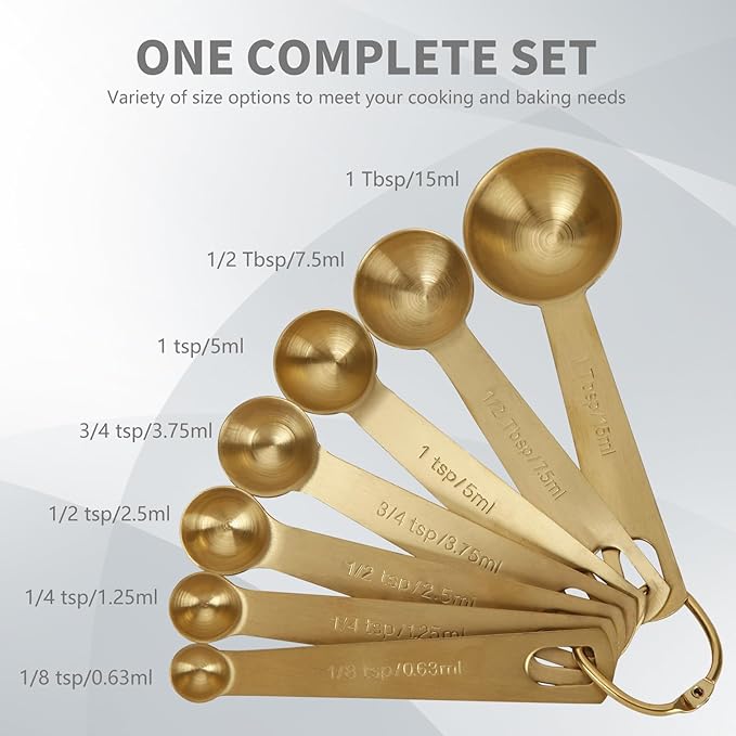 Measuring Spoons,304 Stainless Steel Measuring Cups & Spoon Set of 7 Piece:1Tbsp&1/2Tbsp,1tsp,3/4tsp,1/2tsp,1/4tsp,1/8tsp Teaspoon Coffee Scoop Tablespoon for Dry and Liquid Ingredients,Gold