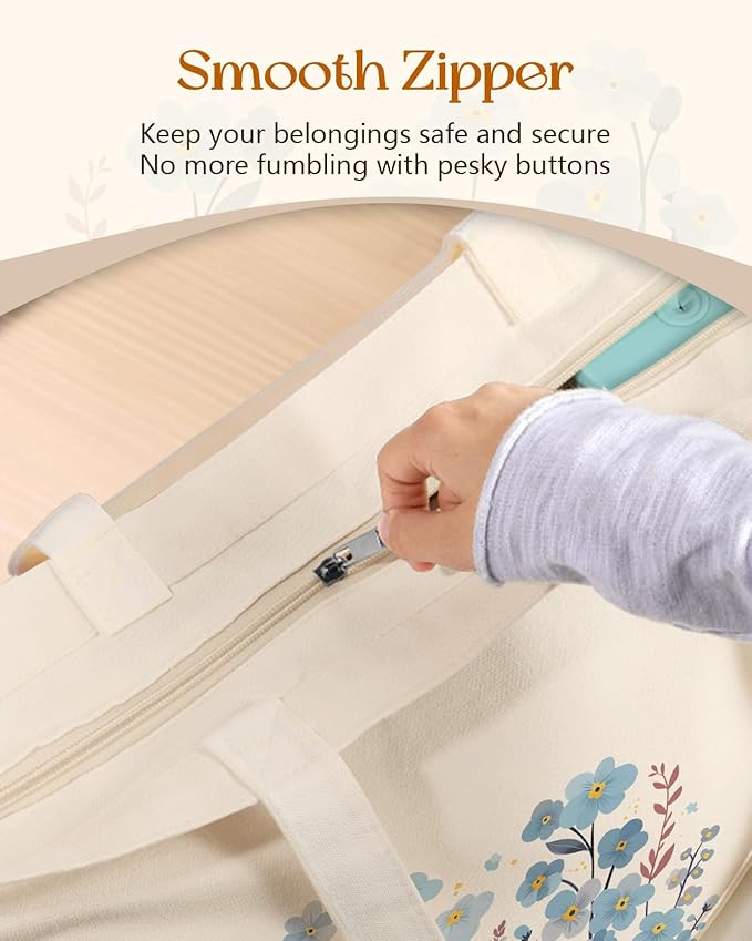 Canvas Tote Bag for Women – Aesthetic Canvas Bag with Zipper Cute Stylish Reusable Shoulder Totes for Shopping Work Daily Vacation, Blue Flowers