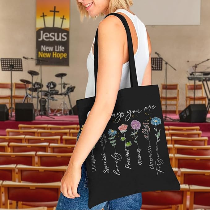 2 Pack Christian Bible Canvas Tote Bag for Women with Makeup Bag Gods Says You Are Bags Floral Tote Bag Aesthetic