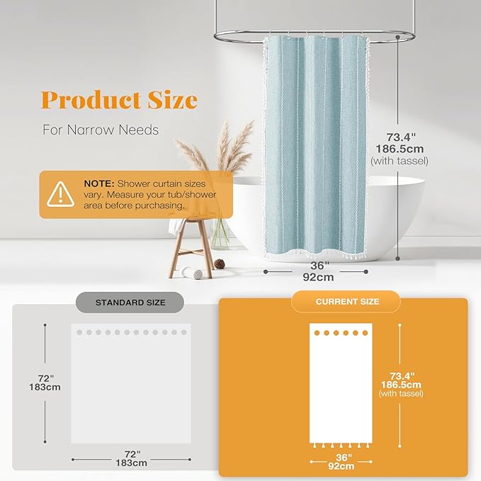 BTTN Boho Shower Stall Curtain - 36x72 Narrow Linen Thick Striped Tassel Fabric Shower Curtain Set with 6 Hooks, Half Modern Farmhouse Cottage Decorative Cloth Shower Curtains for Bathroom - Fog Blue
