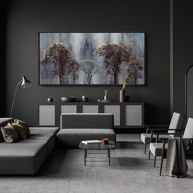 KLAKLA Living Room Wall Art - Black and White Wall Decor Large Picture Landscape Black and Gold Tree Artwork for Walls Frame Canvas Bedroom Office Home Decor 48x24 Inches