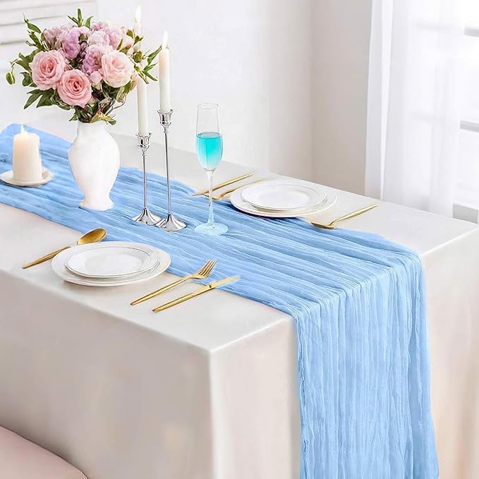 Light Baby Blue Cheesecloth Table Runner 13.3FT Long Bridal Baby Boy Shower Birthday Party Decorations Summer Sheer Gauze Boho Table Runner Wedding Dining Table Decorations