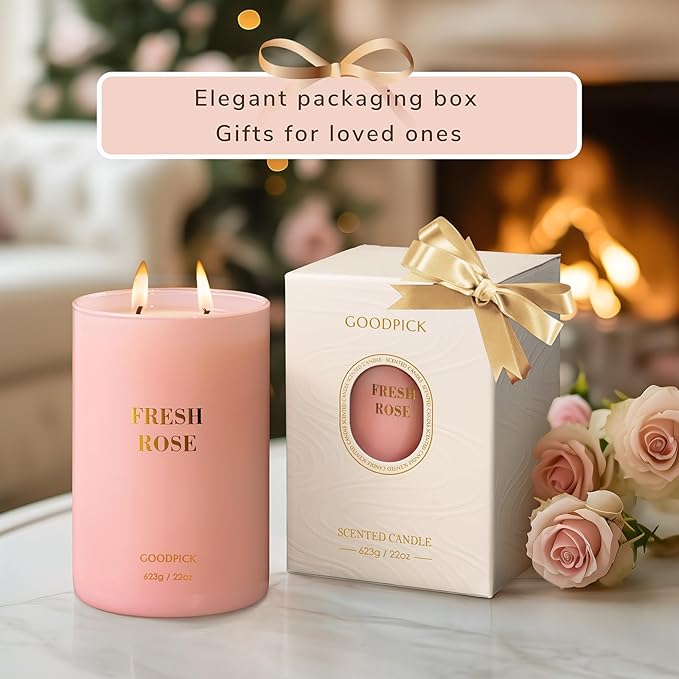 Goodpick Fresh Rose Candles for Women, Pink Candle, Soy Wax 22oz Large 120 Hours Burning, Aromatherapy Candles