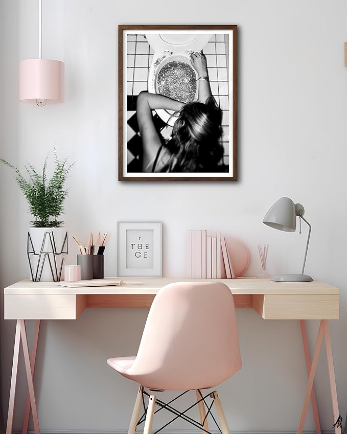 EcoHest Trendy After the Disco Party Framed Wall Art, Walnut Color 12x16 in OAK Wood Black and White Funny Bathroom Canvas Art, Teen Girl Poster College Dorm Decor, 1Pack For Bedroom Living Room