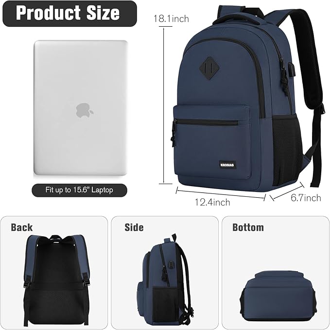 Backpack for Men and Women, School Backpack Teens Boys and Girls 15.6 Inch Laptop Bookbag with USB Charger for High School College Work Travel Business (Dark Blue)