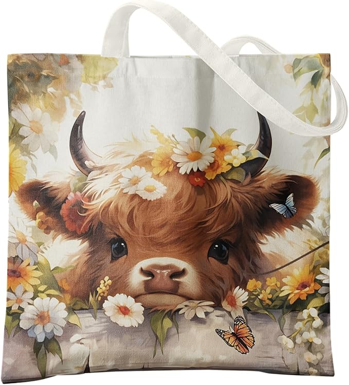 Western Highland Cow Canvas Tote Bag - Highland Cow Lover Gifts,Canvas Shoulder Bag for Women for Girls