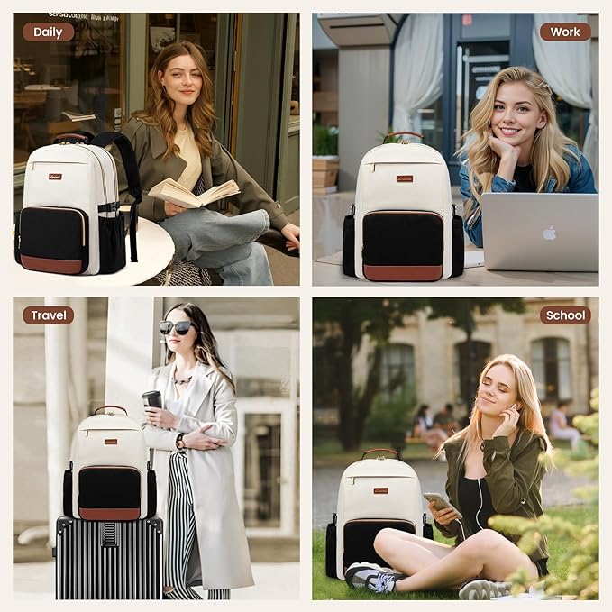 LOVEVOOK Laptop Backpack for Women with Pouch Pocket for Large Capacity Cup,18 Inch Laptop Computer Bag Travel Backpack Purse,Waterproof Work Business Backpack College Teacher Bags,Beige-Black-Brown