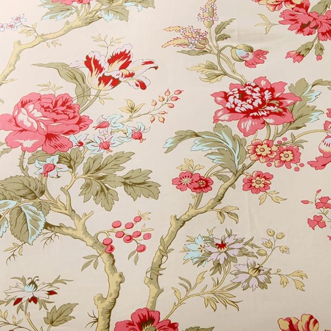 mixinni Garden Style 3 Pieces Red Flower Leaf Pattern Duvet Cover Set Queen Reversible Beige Comforter Cover Set for Women and Men, Easy Care, Soft, Durable-(3pcs, King Size)