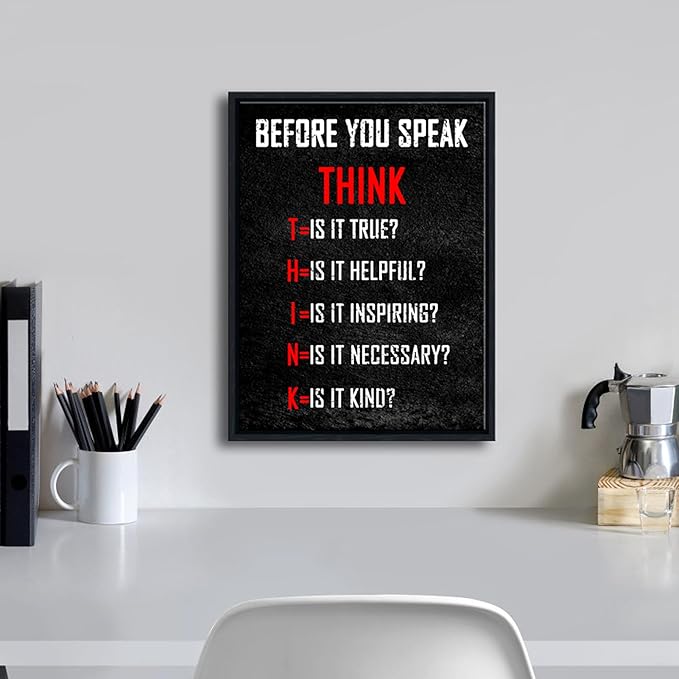 Pyradecor Black Framed Wall Art Inspirational Poster Canvas Prints Motivational Think Before You Speak Classroom Positive Quotes for Office Living Room Home Decorations