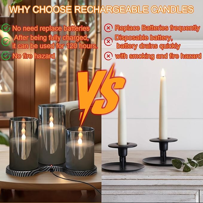 GenSwin Rechargeable Candles with Remote Timer, 3 Pack Glass Flameless Candles with Charging Base, Black LED Candles Flickering Battery Operated for Halloween Home Decorations(Set of 3, D3” x H4”5”6”)