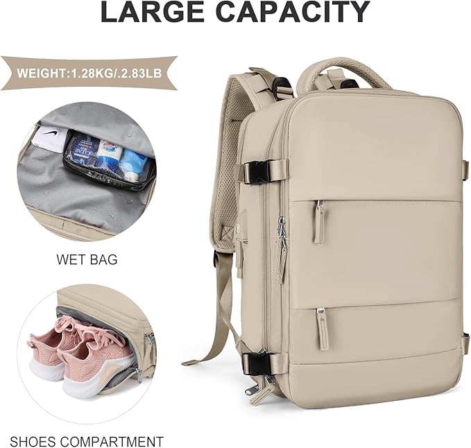 coowoz Large Travel Backpack For Women Men,Carry On Backpack Flight Approved,Hiking Backpack Waterproof Outdoor Rucksack Casual Daypack Fit 15.6 Inch Laptop Shoes Compartment (Khaki-L)