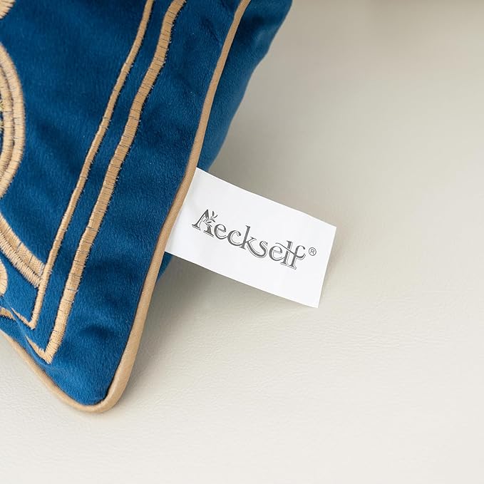 Aeckself European Floral Pillow Cover 12x20 Inch, Luxury Velvet Embroidered Decorative Lumbar Throw Pillow Cover for Couch Bedroom Living Room, Navy Blue and Gold, Yw-OBYG-Blue3050