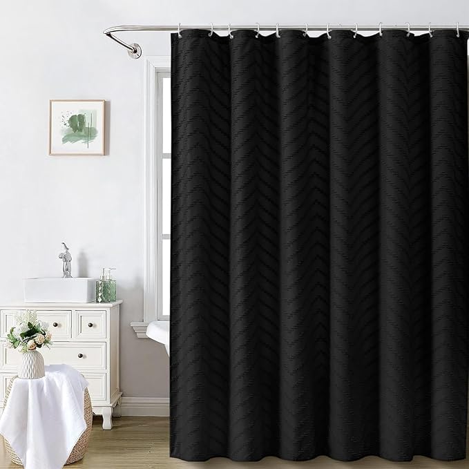 Black Boho Shower Curtain Modern Fabric Shower Curtain Shabby Chic Chenille Tufted Chevron Textured Striped Minimalist Shower Curtains 72 x 72 Inches